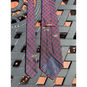 Vintage Gucci Equestrian Polo Tie Embroidered Jacquard Gingham Red Blue Silk